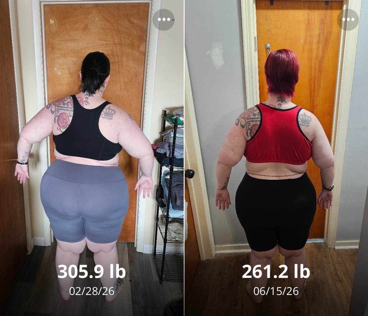 Client transformation: 4 months in — down 44.7 lb (305.9 → 261.2)